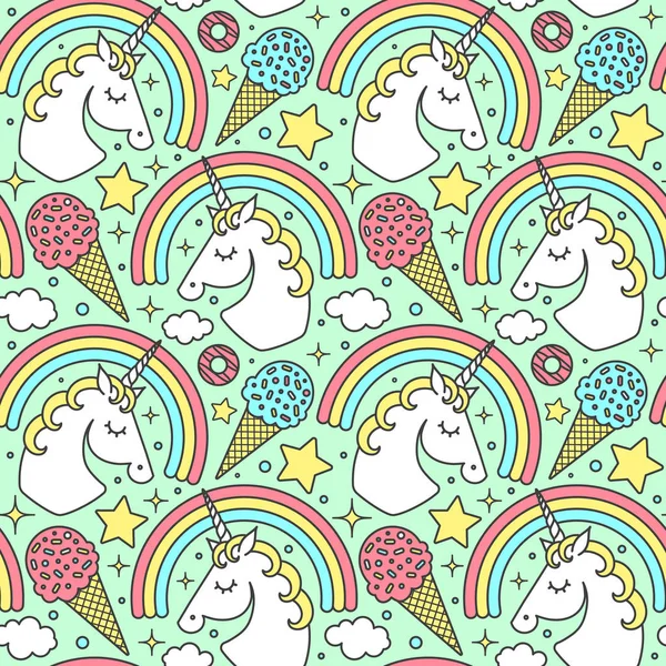 Tek boynuzlu at ve yeşil zemin üzerine gökkuşağı ile Seamless modeli. Vektör çizgi film tarzı sevimli karakteri