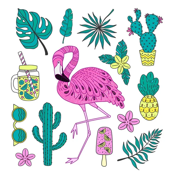 Set von handgezeichneten Vektor tropischen Elementen mit Flamingo, exotischen Blättern. — Stockvektor