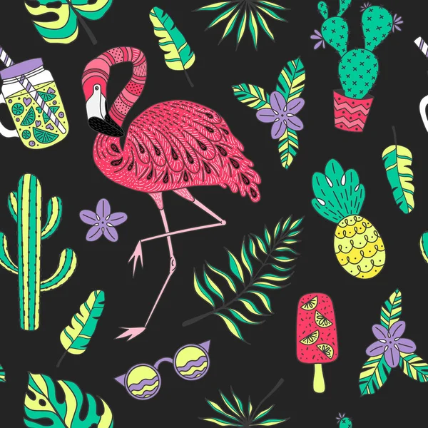 Patrón sin costuras con flamenco, hojas exóticas. Conjunto de elementos tropicales vectoriales dibujados a mano — Vector de stock