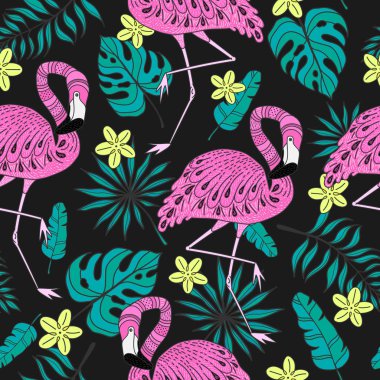 Flamingo, egzotik ile Seamless Modeli bırakır. El vektör tropikal öğeleri koyu arka plan üzerine çekilmiş.