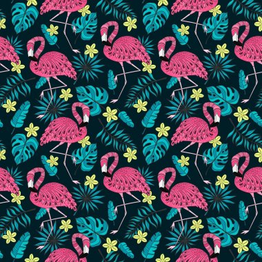 Flamingo, egzotik ile Seamless Modeli bırakır. El vektör tropikal öğeleri koyu arka plan üzerine çekilmiş.