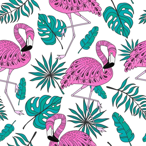 Nahtloses Muster mit Flamingo, exotischen Blättern. handgezeichnete tropische Vektorelemente auf weißem Hintergrund — Stockvektor