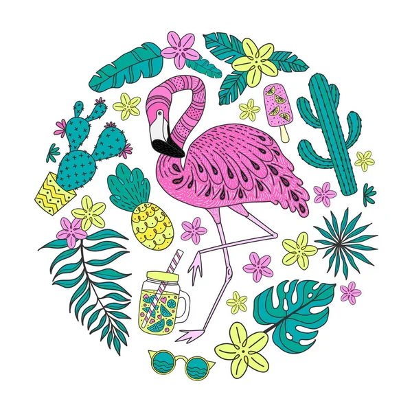 Set handgezeichneter tropischer Vektorelemente mit Flamingo, exotischen Blättern. Kreiszusammensetzung — Stockvektor