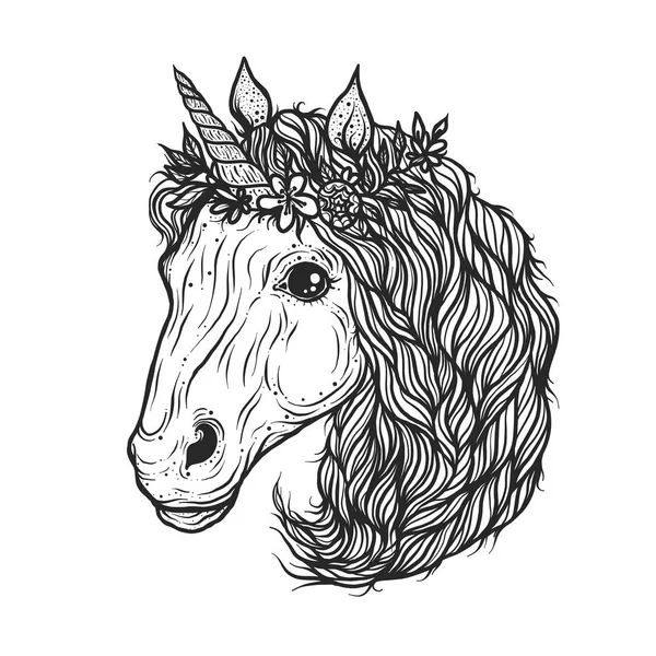 Ilustración vectorial dibujada a mano de unicornio lindo con flores en la cabeza y oído rizado. Blanco y negro — Archivo Imágenes Vectoriales