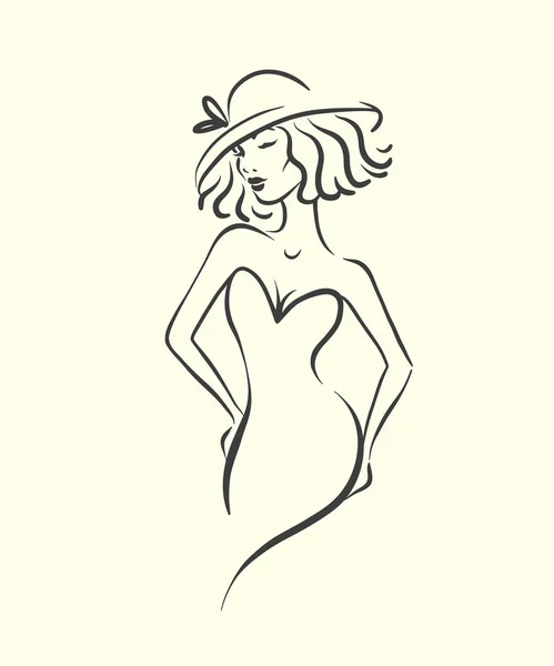 セクシーなドレスと帽子は、白で隔離の女性のシルエット。ファッションのベクター イラストです。アトリエのロゴ — ストックベクタ