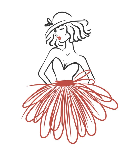 赤いドレスと帽子は、白で隔離の女性のシルエット。ファッションのベクター イラストです。アトリエのロゴ — ストックベクタ