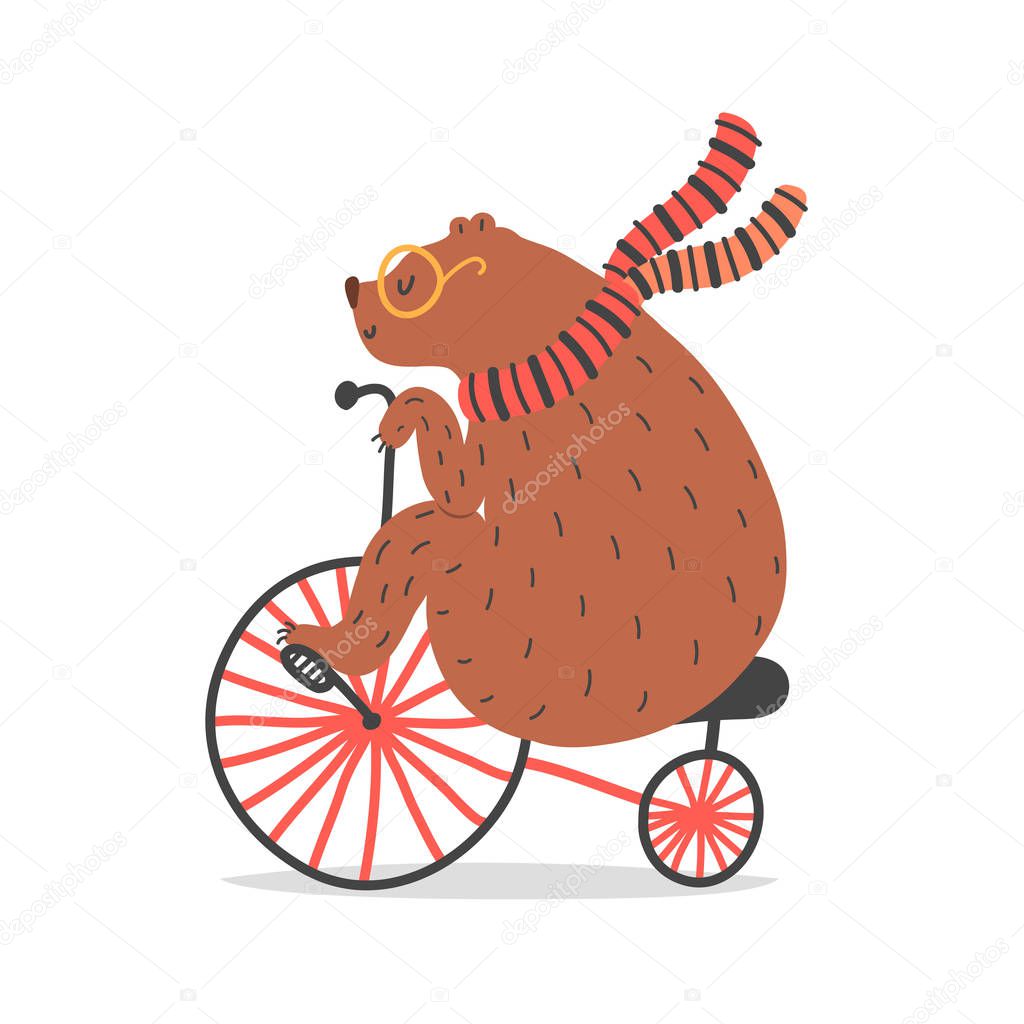 Vector illustration of bear on bicycle. Circus artist doing trick