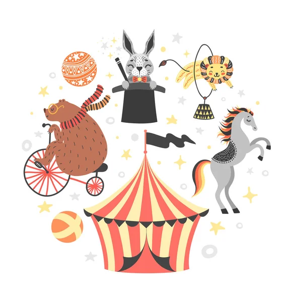 Ilustração vetorial de animal de circo. Personagens de desenhos animados bonitos. Isolado em branco — Vetor de Stock