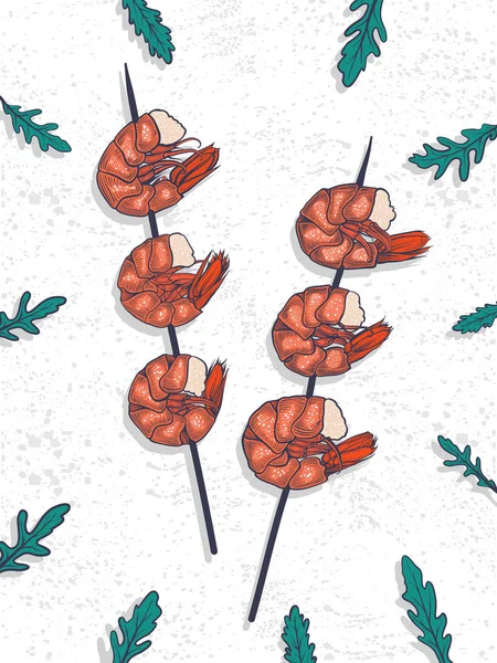 Beyaz zemin üzerinde bir şiş ızgara karides. Plaka üzerinde deniz ürünleri. Vektör illüstrasyon kroki tarzı