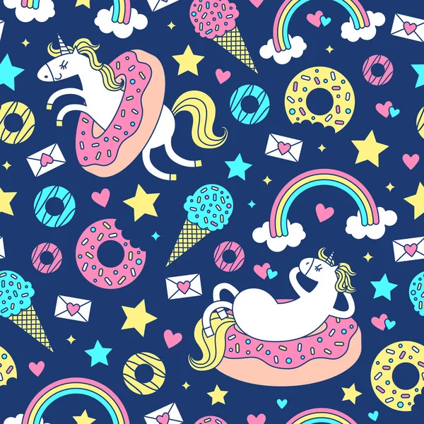 Naadloos patroon met leuke eenhoorns in donuts. Vector cartoon stijl schattig karakter — Stockvector
