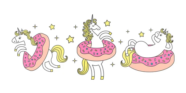 Set unicorn lucu di donat. Karakter lucu bergaya kartun - Stok Vektor