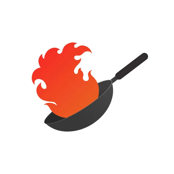 Pan met vuur. Wok logo vector illustratie met rode vlammen — Stockvector