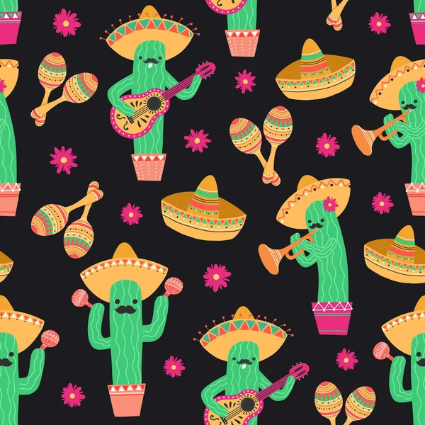 Patrón sin costuras con lindo cactus mexicano tocando a la guitarra y trompeta y bailando con maracas. Ilustración vectorial — Archivo Imágenes Vectoriales