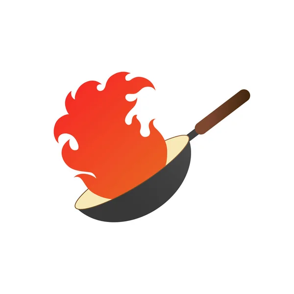 Pan met vuur. Wok logo vector illustratie met rode vlammen — Stockvector