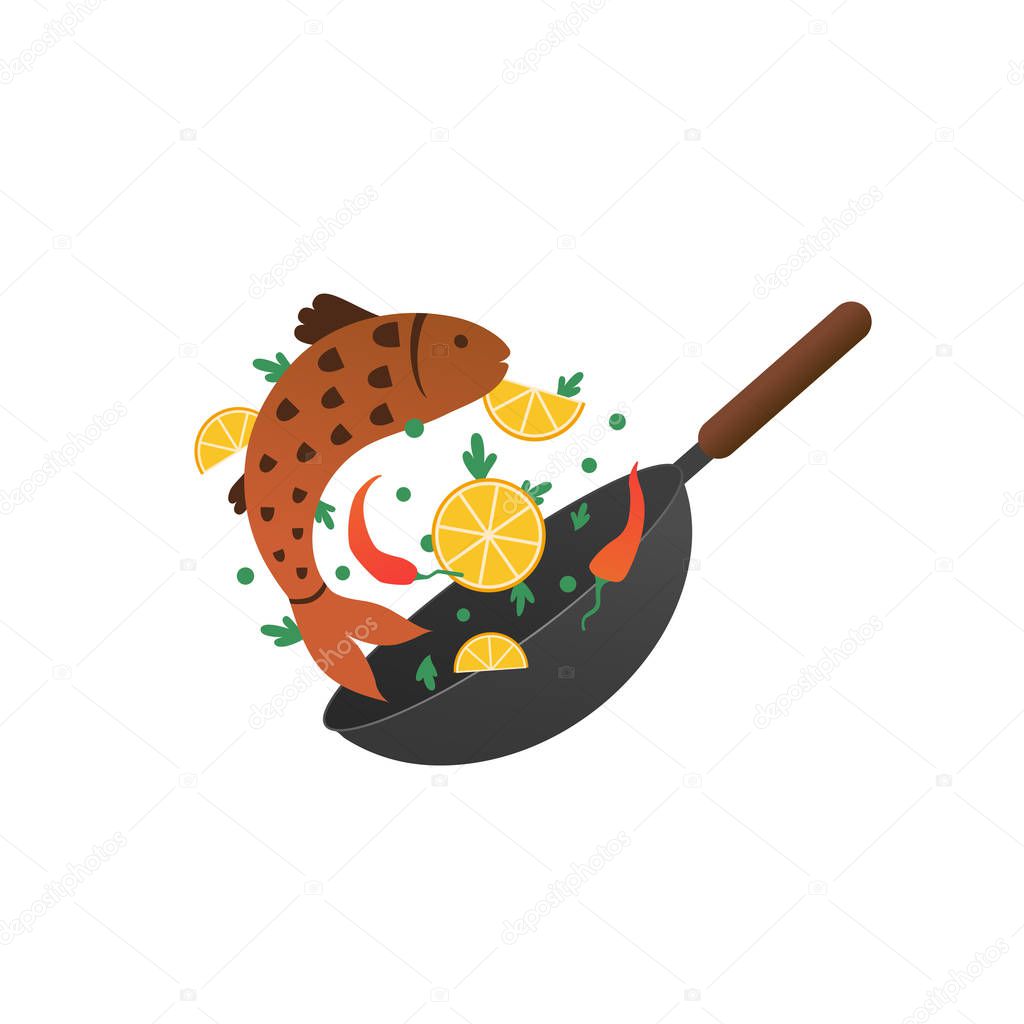 Cooking process vector illustration. Flipping fry fish in a pan. Cartoon style