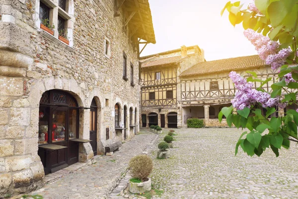 Jaro. Středověká vesnice Francie: Kvetoucí fialové lila — Stock fotografie