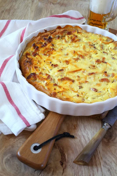 Quiche lorraine, french pie and  beer — Stock Photo, Image