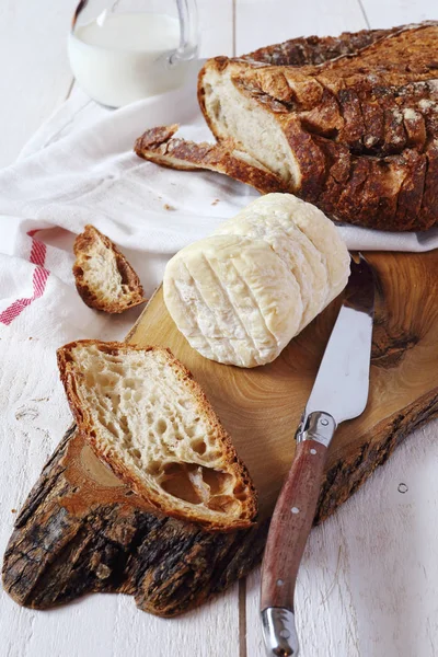 French goat cheese, milk and  bread — Stock Photo, Image