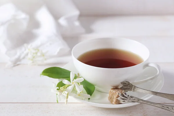 Jasmine tea in a white bone china cup on white background — Stock Photo, Image