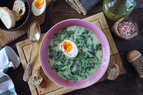 Zuppa di crema di spinaci con uova, pane e olio d'oliva, in stile rustico — Foto Stock