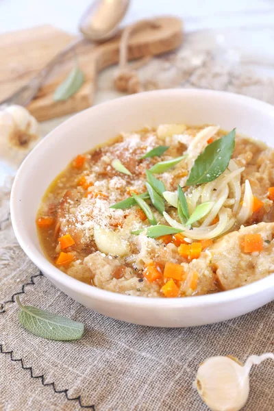 Cucina Italiana Pancotto Zuppa Pane Con Parmigiano Grattugiato Fondo Chiaro — Foto Stock