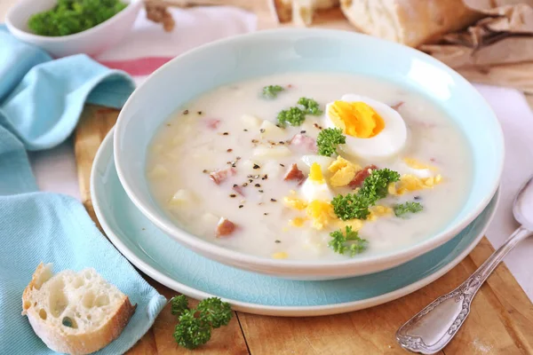 Traditional Polish Soup Zurek Sour Soup Sausage Potatoes Eggs Ceramic — Stock Photo, Image