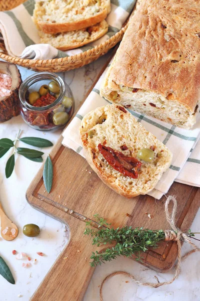 Mediterranean Cuisine Homemade Sourdough Bread Dried Tomatoes Olives Wooden Chopping — Stock Photo, Image