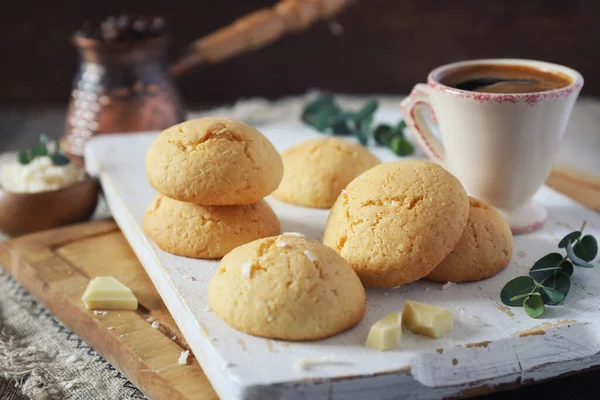 Coconut Cookies White Chocolate Cup Coffee Sweet Coffee Break Toned — Stock Photo, Image