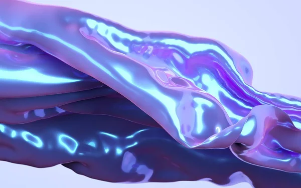 3D provedení ilustrace měkké látky fialové iridescentní holografický materiál pozadí. Abstraktní materiál létající látky v neonovém světle. — Stock fotografie