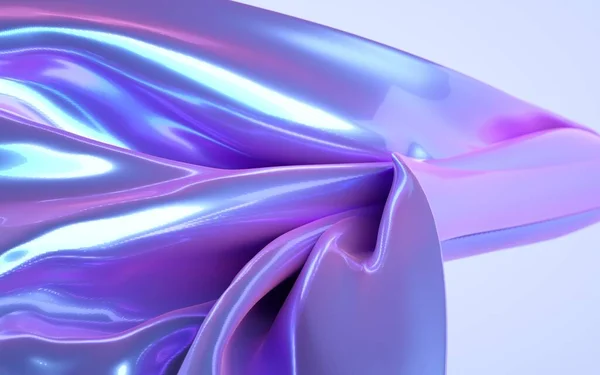 3d weergave illustratie van zachte doek paars iriserende holografische materiaal achtergrond. Abstract vliegend weefsel materiaal in neon licht. — Stockfoto