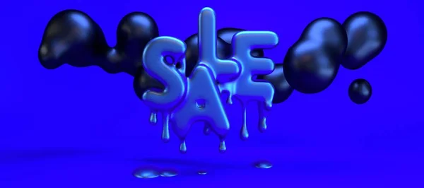 Sale long metallic blue banner. 3d rendering illustration advertisment template. Liquid flying levitating bubbles letterind with drops.