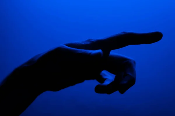 Hands in monochrome blue contrast neon light. Man showing hand palm gesture sign. Artistic photography. — Stock Photo, Image