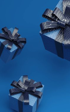 Klasik mavi hediye kutuları, hava 3D 'de havada asılı duruyor ve desenli kurdele ile resimleme yapılıyor. 2020 'nin moda rengi