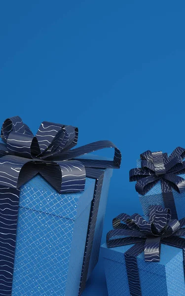Klassieke blauwe geschenkdozen zwevend in lucht 3d weergave illustratie met patroonlint. Trendy kleur van 2020 — Stockfoto
