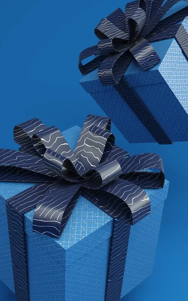 Klassieke blauwe geschenkdozen zwevend in lucht 3d weergave illustratie met patroonlint. Trendy kleur van 2020 — Stockfoto
