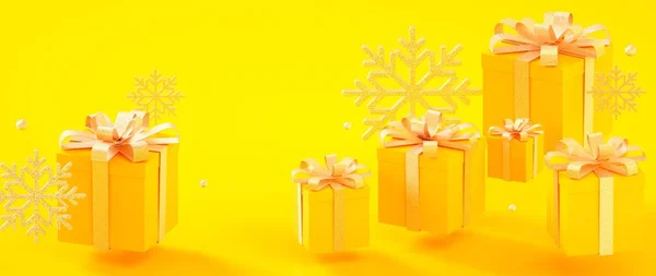 Kerstmis, Nieuwjaar, verjaardag geel gouden geschenkdozen en sneeuwvlokken 3d weergave illustratie — Stockfoto
