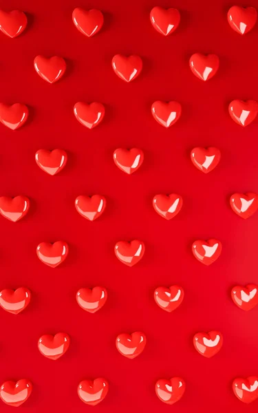 Valentijnsdag harten achtergrond patroon. Stoutmoedige rode kleur plat lay. Love viering wenskaart, poster, banner sjabloon voor feest — Stockfoto