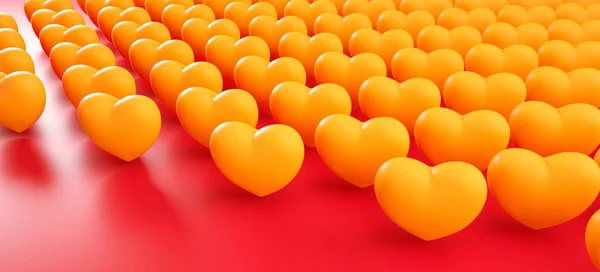 Valentijnsdag harten achtergrond patroon. Stoutmoedige rode kleur plat lay. Liefde viering wenskaart, poster, banner sjabloon voor partij 3d rendering illustratie — Stockfoto
