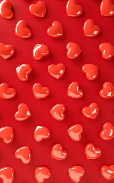 Día de San Valentín corazones patrón de fondo. Negrita de color rojo plano laico. Tarjeta de felicitación de la celebración del amor, cartel, plantilla de banner para la ilustración de la representación del partido 3d — Foto de Stock