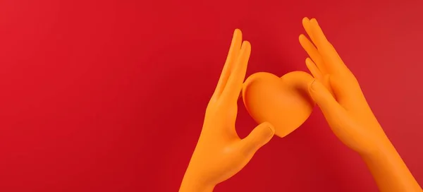 Día de San Valentín mano sosteniendo patrón de fondo del corazón 3d representación de la ilustración. Negrita de color rojo plano laico. Tarjeta de felicitación de amor, póster, plantilla de banner para fiesta —  Fotos de Stock