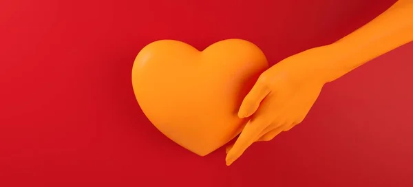 Valentines day hand holding heart background Pola 3d illustration rendering. Warna merah tua berbaring datar. Cinta kartu ucapan, poster, templat banner untuk pesta — Stok Foto