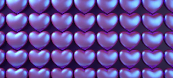 Día de San Valentín corazones patrón de fondo 3d representación ilustración. Colocación plana holográfica de neón púrpura . — Foto de Stock