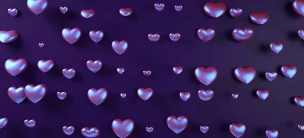 バレンタインデーの心の背景パターン3Dレンダリングイラスト。紫ネオンホログラフィックフラットレイ. — ストック写真