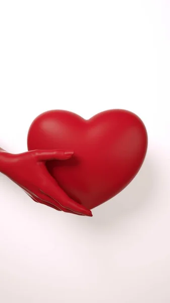 Valentijnsdag hand houden hart achtergrond 3D illustratie rendering. Donkerrode kleur op witte vlakke lay. Liefde wenskaart — Stockfoto