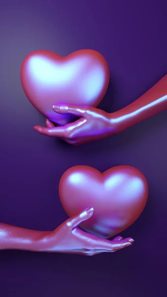 День святого Валентина руки, держащие сердца на фоне 3D рендеринга иллюстрации. Графический неоновый цвет лежал плоским. Любовная открытка, плакат, вертикальное знамя галстука — стоковое фото