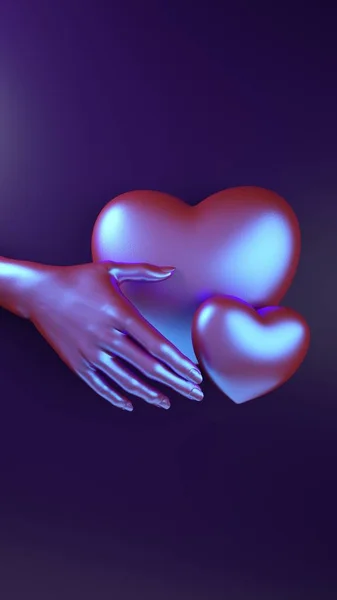 Valentines den ruka drží srdce pozadí 3d ilustrace podání. Holografická neonová barva byla plochá. Láska blahopřání, plakát, svislá kravata banner šablona — Stock fotografie