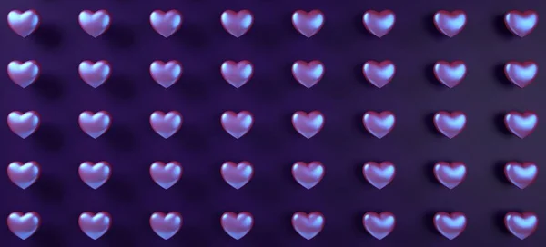 Día de San Valentín corazones patrón de fondo 3d representación ilustración. Colocación plana holográfica de neón púrpura . — Foto de Stock