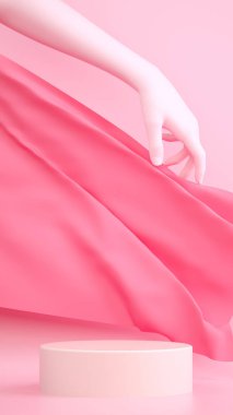 El, kumaş ve kaideyle soyut pastel pembe 3D canlandırma sahnesi. Dikey pankart şablonunu metin için boşluk ile bağla. Moda sürreal kompozisyonu.