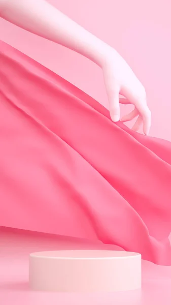 Adegan render 3d pink abstrak dengan tangan, kain dan alas. Mengikat templat banner vertikal dengan spasi untuk teks. Komposisi surealis Trendy . — Stok Foto