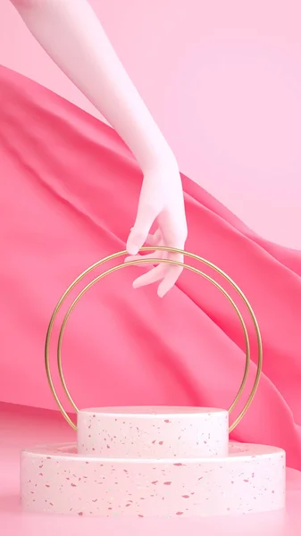 Adegan render 3d pink abstrak dengan tangan, kain dan alas. Mengikat templat banner vertikal dengan spasi untuk teks. Komposisi surealis Trendy . — Stok Foto